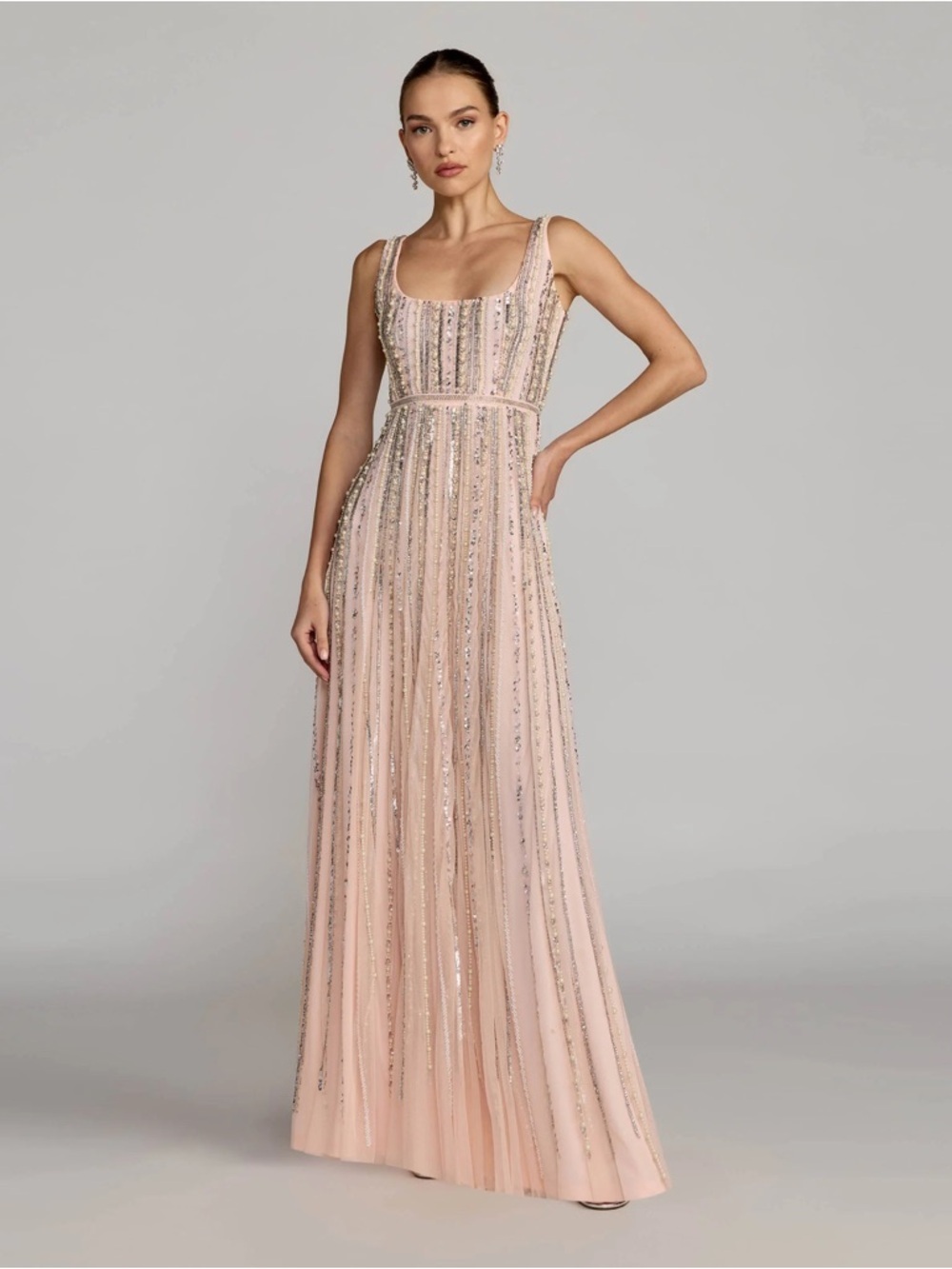 Mac Duggal 94080 Pink Scoop Neck A-Line Gown With Striped Beading Size 12 NWT